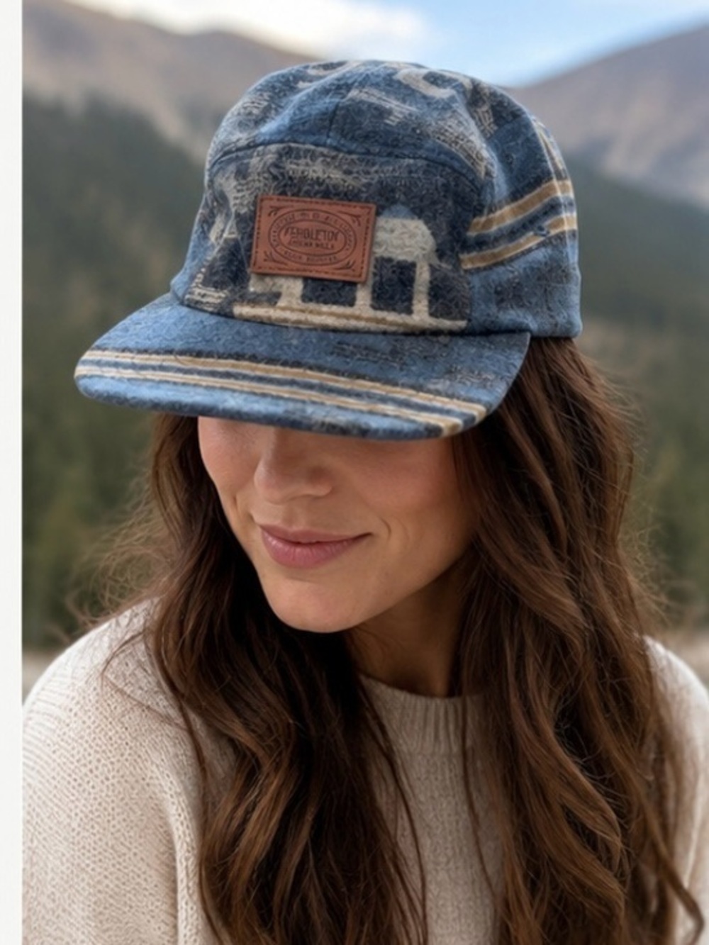 Pendleton 100% Wool Camp Hat Blue Southwest Pattern Leather Patch Adjustable Cap